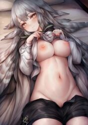 arknights bad_id bad_pixiv_id bar_censor black_shorts blush breasts censored clothes_lift commission fartooth_(arknights) feather_hair female grey_hair hood hooded_jacket jacket large_breasts long_hair long_sleeves looking_at_viewer midriff navel nipples on_bed pussy shirt_lift shorts skeb_commission smile snm_(sunimi) solo