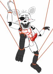 2015 animal_genitalia animal_penis animatronic anthro balls blush bodily_fluids bound canid canine canine_genitalia canine_penis cum digital_media_(artwork) erection eye_patch eyewear five_nights_at_freddy's fox foxy_(fnaf) genital_fluids genitals hi_res hook hook_hand knot machine male male_only mammal open_mouth partially_colored penis pirate proto06 robot scottgames simple_background solo sweat sweatdrop teeth unavailable_at_source
