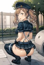 ai_generated ass blush boots breasts brown_eyes brown_hair female from_behind gloves goddess_of_victory:_nikke hat long_hair looking_at_viewer looking_back miniskirt miranda_(nikke) open_mouth panties police police_uniform policewoman shiny shiny_hair shiny_skin sideboob skirt solo squatting thick_thighs twintails very_long_hair