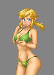 1girls bikini blonde_hair blue_eyes breasts earrings genderswap_(mtf) green_bikini green_swimsuit grey_background large_breasts link linkle looking_at_viewer midriff navel nintendo painted_fingernails ponytail rezuban rule_63 swimsuit the_legend_of_zelda triforce_print