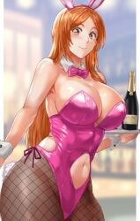 1girls bleach blush breasts bunny_ears bunny_girl bunnysuit cleavage daraz18aka exposed_navel female hi_res highleg_leotard huge_breasts inoue_orihime leotard light-skinned_female light_skin long_hair looking_at_viewer orange_hair pink_clothing serving_tray smile solo tights