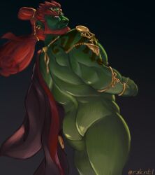 ass back_muscles clothing ganondorf ganondorf_(tears_of_the_kingdom) gerudo gold_jewelry green_body green_skin low-angle_view male male_only muscular_male rakntl rear_view red_hair solo triceps