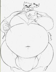 anthro bear belly belly_button big_belly bulge chest_hair eating furry huge_bulge itzcharlie kosmonius kumatetsu male male_only monochrome overweight overweight_male solo solo_male text the_boy_and_the_beast thick_thighs