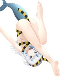 1girls absurdres ass barefoot blue_eyes blue_hair blunt_bangs caution_tape commentary_request feet fins fish_tail flat_chest full_body gawr_gura gills grey_hair hair_ornament highres hololive hololive_english hololive_myth legs long_hair long_legs looking_at_viewer medium_hair multicolored_hair naked_ribbon ribbon shark_girl shark_hair_ornament shark_tail shiny_skin simple_background soles solo streaked_hair tail tamagotozi3420 thighs toenails toes two_side_up upside-down virtual_youtuber white_background