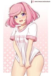 1girls big_ass big_butt blush blush_lines border bottomless breasts bubble_butt collarbone cowboy_shot cute cute_fang doki_doki_literature_club fanart fang female female_focus female_only girl hair_intakes half-dressed half_naked hips matching_hair/eyes natsuki_(doki_doki_literature_club) open_mouth panties petite petite_body petite_female pink_eyes pink_hair raionart shiny_skin shirt shirt_only shirt_pull short_hair short_shirt shortstack small_breasts solo solo_female t-shirt t-shirt_only teenager thick_thighs thighs white_border wide_hips wide_thighs