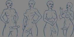 4futas areolae asari asari_futanari athletic_female balls belly_button big_breasts big_penis breasts casual erection futa_only futanari humanoid humanoid_penis intersex liara_t'soni lineup mass_effect mature_female milf monochrome navel nipples nude nude_female pencil_(artwork) penis reabault samara sketch standing