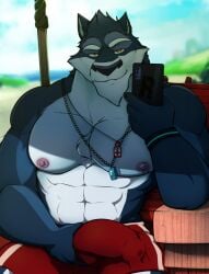 anthro bulge canid canine canis detailed_bulge erection gcji genital_outline hi_res lifeguard lifeguard_chair lifeguard_swimsuit male male_only mammal penis_outline ragear_(sheep_and_wolves) sheep_and_wolves solo wizart_animation wolf