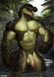 2023 alligator alligatorid anthro balls chunie closed_eyes crocodilian digital_media_(artwork) flaccid foreskin genitals hi_res humanoid_genitalia humanoid_penis male male_only muscular muscular_male nude penis reptile scalie smile solo solo_male