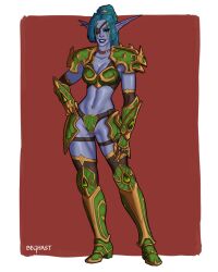 1girls armor beghast bikini_armor blizzard_entertainment blue_hair breasts catias eye_patch female female_only night_elf original_character ponytail solo_female spreading warcraft world_of_warcraft