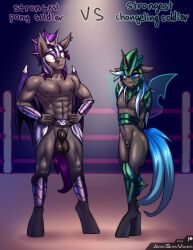 2023 5_fingers abs animal_genitalia anthro armor arthropod balls bat_pony bat_wings bedroom_eyes blue_eyes blue_hair blue_tail blush changeling chastity_cage chastity_device claws digital_media_(artwork) duo ear_tuft english_text equid equine_genitalia estrella_azul_(oc) fan_character fangs fingers friendship_is_magic fur genitals girly grey_body grey_fur hair hands_behind_back hands_on_hips hasbro headgear helmet hi_res horn insect_wings jedayskayvoker kryostasis_(oc) long_hair long_tail male mammal membrane_(anatomy) membranous_wings muscular muscular_anthro muscular_male my_little_pony narrowed_eyes nipples pupils seductive small_pupils smile smooth_skin tail teeth text tuft wide_eyed wing_claws wings