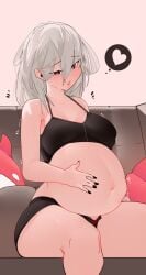 1girls arknights big_breasts female female_only fetal_movement grey_hair hi_res naxius_noxy pregnant sitting skadi_(arknights) solo spoken_heart sports_bra thick_thighs wholesome