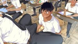 blush classroom danzi_engine erection erection_under_clothes exhibitionism fully_clothed gay male_only school shiba_yuuji spread_legs staring staring_at_erection staring_at_penis student student_and_teacher sweatdrop teacher teacher_and_student tight_pants