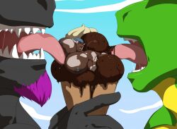 3boys big_pecs blush chocolate chocolate_ice_cream cone couple cow_boy deacon_chaos giant horns huge_pecs ice_cream ice_cream_cone kartos licking_nipple licking_pecs lizard macro male/male/male male_only mj_(xianos) outside pecs shadow_dragon size_difference xianos xianos_(character)