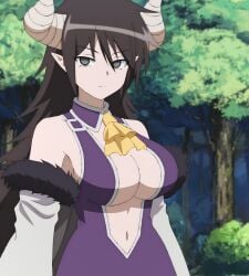 black_eyes black_hair breasts cleavage clothing hips horns isekai_one_turn_kill_neesan:_ane_douhan_no_isekai_seikatsu_hajimemashita kilmaria large_breasts long_hair monster_girl screencap screenshot tummy