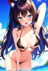 breasts cum dark_hair neko_ears