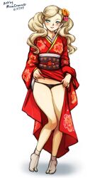 1girls ann_takamaki atlus black_panties blonde_hair blue_eyes breasts hair_flower kimono kimono_lift lifted_by_self medium_breasts megami_tensei minacream painted_fingernails panties persona persona_5 red_kimono ring sash twintails