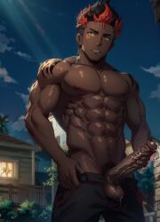 1boy ai_generated bara gay kiawe_(pokemon) male_only masturbation muscular_male penis yaoi