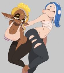 2girls ass bandaged_chest big_ass big_breasts blue_hair breast_size_difference breasts chocolate_and_vanilla dark-skinned_female dark_skin deep_cut_(splatoon) female frye_(splatoon) gold_eyes huge_breasts inkling large_ass light-skinned_female light_skin long_ears looking_at_viewer naughty_face nintendo octoling pointy_ears red_eyes shiver_(splatoon) small_breasts splatoon splatoon_(series) splatoon_3 sports_bra sportswear tentacle_hair yellow_hair yoga_pants yuta_agc