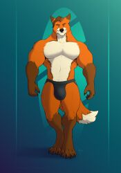 anthro biceps blue_eyes bulge canid canine clothed clothing fox fullbodywolf furry genital_outline hair hi_res jockstrap jockstrap_only male mammal muscular muscular_anthro muscular_male obliques pecs penis_outline smile smiling_at_viewer smirk smirking_at_viewer solo topless underwear underwear_only