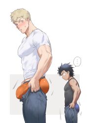 ... 2boys 2d 2d_(artwork) ass big_bulge big_pecs blue_underwear blush bulge bulge_lift clothed clothed_male clothing color fully_clothed gay grabbing_pants grey_shirt haiki_(tegusu) light-skinned_male light_skin looking_at_ass looking_at_viewer male male_focus male_only muscles muscular muscular_male no_mouth open_mouth orange_underwear pants pants_down pants_open pecs pulling_up_pants shirt simple_background size_difference sleeveless_shirt surprised sweat tight_clothing tight_shirt uncensored underwear white_background white_shirt yaoi yellow_eyebrows yellow_eyes yellow_hair