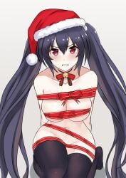 angry arms_behind_back bell_collar black_hair bondage breasts christmas compile_heart gift_wrapped idea_factory light-skinned_female long_hair looking_at_viewer neptunia_(series) noire on_knees red_eyes restrained ribbon ribbon_bondage santa_hat solo teeth_showing thighhighs twintails wrapped_up zatsu