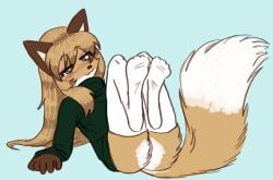 anthro averi_(fiddleafox) blush brown_body brown_fur canid canine clothing dipstick_tail female female_anthro fox fur genitals gloves_(marking) green_clothing green_eyes hair leg_markings legwear mammal markings pussy socks_(marking) solo tail tail_markings thigh_highs unknown_artist white_body white_fur