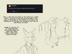 absurd_res anthro ask_blog bottomwear bottomwear_down canid canine clothed clothing cougar duo felid feline fellatio fox gay hi_res jacob_(zourik) line_art male male/male mammal oral pants pants_down partially_clothed penile public public_sex sex tyson_(zourik) zourik