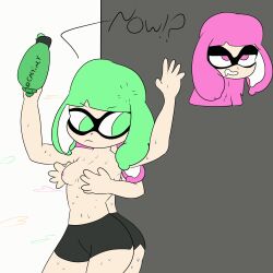 animated animated breast_grab breast_squeeze breasts breasts breasts_out castinly dialogue green_hair gun inkling inkling_girl long_hair nipples no_bra pink_hair saliva shorts simple_background small_breasts splatoon sweat sweaty tentacle thick_thighs