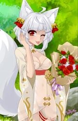 1girls boquet breasts crush_crush dress flowers fox kitsune pubic_hair pussy sad_panda_studios see-through_clothing solo solo_female suzu_(crush_crush) tail white_hair