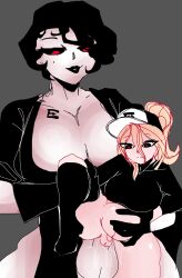 2futas anal anal_sex balls belly_bulge big_balls big_breasts big_penis black_hair black_lipstick blonde_hair bottomless breasts bulge clothed clothing dominant_female domination duo enemy_(enemyhips) enemyhips erection exposed_breasts futa_on_futa futa_only futanari gloves hat human humanoid jacket light-skinned_futanari light_skin lipstick partially_clothed penis penis_size_difference ponytail red_eyes sex short_hair smirk standing taller_girl thighhighs