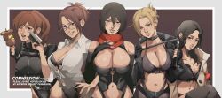 5girls annie_leonhardt attack_on_titan big_breasts black_hair blonde_hair breasts brown_hair cleavage exposed_midriff female femdom hanji_zoe itosdattist lingerie long_hair midriff mikasa_ackerman multiple_girls open_shirt pieck_finger riding_crop sasha_braus scarf seductive seductive_look shingeki_no_kyojin short_hair take_your_pick underwear whip