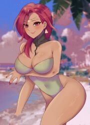 1girls alien_(incelianna) alternate_costume beach blurry_background cleavage dark-skinned_female dark_skin ear_piercing earrings female female_only fire_emblem fire_emblem:_three_houses green_one-piece_swimsuit green_swimsuit hair_over_shoulder hapi_(fire_emblem) large_breasts medium_hair nail_polish nintendo ocean one-piece_swimsuit outdoors red_eyes red_hair red_nails sand smile sunset swimsuit thick_thighs