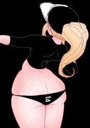 arched_back ass big_ass black_clothing blonde_hair bubble_butt crop_top enemy_(enemyhips) enemyhips facing_away femboy hat light_skin ponytail simple_background solo standing thong