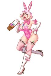 between_breasts big_breasts blue_eyes bowtie bunny_costume bunny_ears bunny_tail bunnysuit easter egg high_heel_boots high_heeled_boots high_heels long_boots luxure_art_(artist) marie_rose_(luxure_art) pink_bowtie pink_ears pink_hair pink_lipstick pink_stockings pink_suit thick_thighs transparent_background