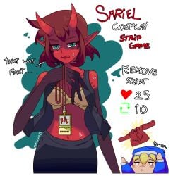 bra cosplay demon_girl demon_horns flustered game green_eyes horns long_arms monster multighosts red_skin removed_clothing sariel_(multighosts) short_hair strip_game