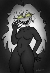 breasts friday_night_funkin friday_night_funkin_mod laughing long_hair sharp_teeth shiny_eyes sxmweirdo the_trollge_files thick_thighs trollge_gf_(fnf) white_hair