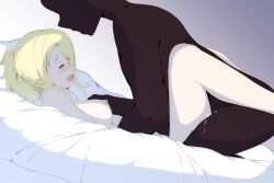 1boy blonde_hair blush breasts closed_eyes cum cum_in_pussy faceless faceless_male fate_no_keshin female happy_sex long_hair love_live! love_live!_nijigasaki_high_school_idol_club miyashita_ai nipples nude on_bed open_mouth sex straight vaginal_penetration