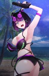 ass beach bikini cat_ears cat_girl catgirl clothes_falling_off ear_piercing earrings exposed_breasts fangs female female_only goggles goggles_on_head green_eyes green_hair gun indie_virtual_youtuber kitnetic mikeaoi1 multicolored_hair palm_tree partially_clothed partially_clothed_female pistol purple_eyeshadow purple_hair solo spiked_bikini spikes surprised sweatdrop tagme virtual_youtuber vtuber