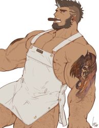 2018 abs apron apron_only arm_hair artist_signature beard biceps black_hair body_hair bulge cigar cigar_in_mouth clothing cyphers deltoids ear_piercing ear_ring earring earrings facial_hair flexor_carpi forearm_muscles gomtang grey_eyes hair hairy_arms hairy_legs human looking_at_viewer male mammal mohawk mohawk_(hairstyle) mostly_nude muscular muscular_human muscular_male nipples object_in_mouth obliques open_mouth pecs piercing ring_piercing shaved_side shaved_sides shoulder_tattoo signature tattoo vein veiny_muscles white_apron white_clothing