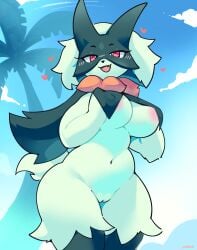 absurd_res anthro areola belly breasts cloud covering covering_breasts female generation_9_pokemon genitals heart hi_res holding_breast looking_at_viewer meowscarada moxiidraws navel nintendo nipples palm_tree plant pokemon pokemon_(species) pokemon_sv pussy red_eyes smile solo tail thick_thighs tree