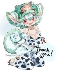 3_toes animal_ears anthro arms_under_breasts bikini blush claws cleavage cow_bikini cow_print cow_print_armwear cow_print_thighhighs curled_tail female female_only fluffy fluffy_ears fluffy_hair fluffy_tail full_body fur green_fur green_hair hat headgear headwear helmet kingjoshuaart kneeling looking_at_viewer made_in_abyss medium_breasts meinya monster_girl narehate open_mouth prushka red_eyes short_hair solo tail thighhighs two_tone_fur two_tone_hair whiskers white_fur white_hair