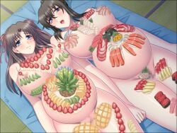 2girls blue_eyes blush breasts brown_hair censored censored_pussy embarrassed food food_on_body fruit game_cg hair_ribbon holding_hands huge_breasts indoors kyonyuu_onsen_kozukuri_no_yu long_hair looking_at_viewer lying milf mosaic_censoring mother_and_daughter multiple_girls multiple_pregnancies nipples non-web_source nyotaimori on_back open_mouth oyakodon parent_and_child pregnant pussy ribbon sushi suzuki_falco tatami twintails yamashina_natsue yamashina_sayaka