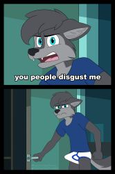 2_panel_comic absurd_res angry anthro blue_clothing blue_eyes blue_seam_briefs blue_seam_underwear blue_shirt blue_topwear briefs bulge canid canine canis clothing colored_seam_underwear dialogue doorway e621 erection_under_briefs fur furaffinity grey_body grey_fur hi_res humor looking_at_viewer male mammal meme sebtheredpanda shirt solo standing t-shirt tenting topwear twitter underwear white_briefs white_clothing white_underwear wolf zach_the_wolf