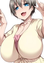 1girls alternate_costume blue_eyes breasts cleavage grey_hair hair_between_eyes hi_res huge_breasts looking_at_viewer oerba_yun_fang open_mouth short_hair smile smug solo standing tsukasawa_takamatsu upper_body uzaki-chan_wa_asobitai! uzaki_hana