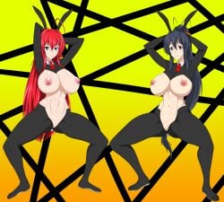 2girls ahoge akeno_himejima arms_behind_head arms_up big_breasts blue_eyes_female blue_hair blue_hair_female breasts bunny_ears bunnysuit censored high_school_dxd huge_breasts long_blue_hair long_hair long_red_hair no_panties ponytail pussy red_hair rias_gremory sihkygmojsn spread_legs squatting thick_thighs waist_length_hair