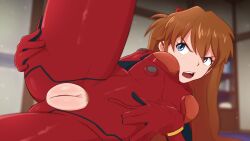 absurdres asuka_langley_sohryu blue_eyes blurry blurry_background bodysuit breasts commentary crotch_cutout english_commentary female female_pubic_hair grabbing_own_thigh greatm8 groin hairpods hand_on_own_stomach hand_on_own_thigh highres indoors long_hair looking_at_another lying neon_genesis_evangelion on_side orange_hair photoshop_(medium) pilot_suit plugsuit pubic_hair pussy red_bodysuit skin_tight smooth_skin solo source_filmmaker_(medium) spread_legs teeth thighs upper_teeth_only variant_set