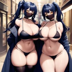 2girls ai_generated alley_queens big_breast blue_hair choker coat curvy female female_only flashing mask miss_b_&_miss_j original ponytail voluptuous