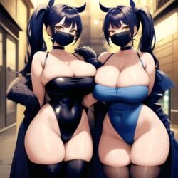 2girls ai_generated alley_queens big_breast blue_hair choker coat curvy female female_only flashing mask miss_b_&_miss_j original ponytail voluptuous