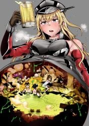 beer big_belly bismarck_(kantai_collection) blonde_hair blue_eyes cross_section food food_inside_stomach indigestion internal_view kantai_collection multiple_prey onsen overeating prinz_eugen_(kantai_collection) raccoon stomach stomach_bulge vore