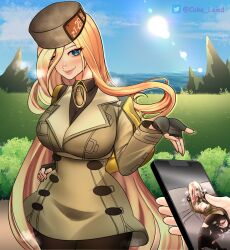 1girls after_sex ahe_gao anal blonde_hair blue_eyes blush blushing_at_viewer conversation cum cum_leaking extremely_long_hair fingerless_gloves guilty_gear hair_flip hand_on_hip happy_female implied juxtaposition large_ass large_breasts long_hair looking_at_viewer millia_rage nipple_peek outdoors outside peace_sign phone phone_screen picture presenting presenting_ass ripped_clothing ripped_tights sugestive_pose suggestive_pose talking_to_viewer tongue_out torn_clothes torn_clothing